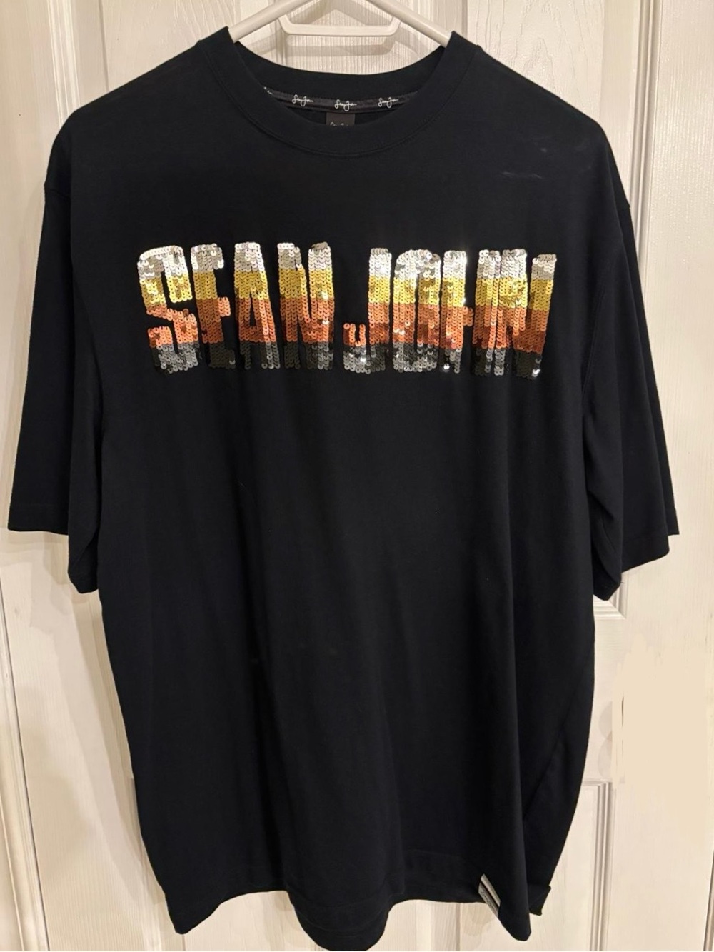 Sean John Black Tee with Gold and Orange Sequin Logo